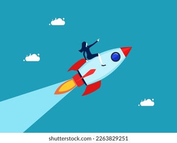 direction leader of the business organization. Commitment and optimization for growth. Businesswoman riding a rocket to success