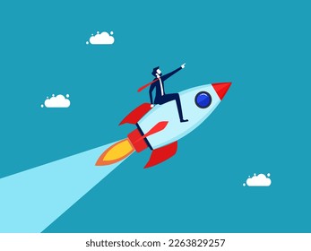 The direction leader of the business organization. Commitment and optimization for growth. Businessman riding a rocket to success