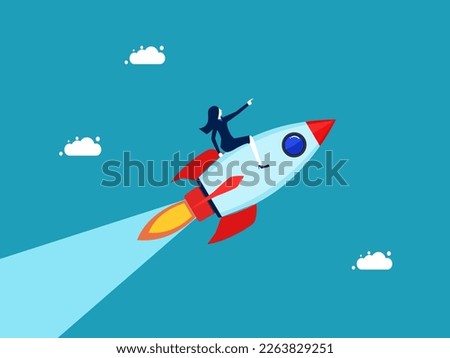 direction leader of the business organization. Commitment and optimization for growth. Businesswoman riding a rocket to success