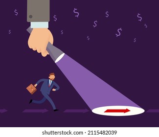 Direction leader to success. Huge hand illuminates road with flashlight, businessman path to goal, business direction, ambition and winning. Vector isolated leadership concept