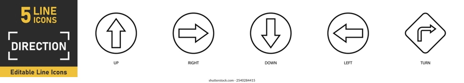 Conjunto de ícones de linha de direção. Conjunto de 5 ícones de estrutura de tópicos relacionados a cima, direita, baixo, esquerda, virar e muito mais. Ilustração vetorial.