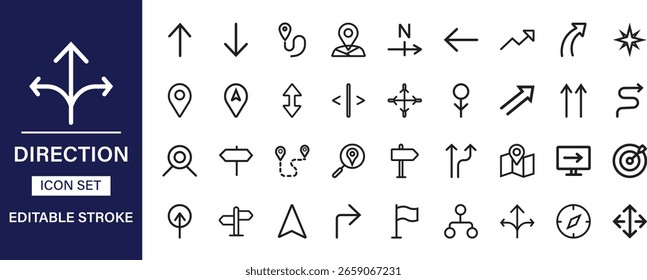 Conjunto de ícones de linha de direção. Inclui setas, bússola, mapa, pino, rota, GPS, placa de sinalização e símbolos de waypoint. Limpar estilo de vetor linear.