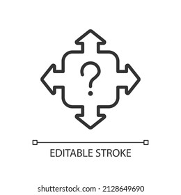 Direction linear icon. Choosing right way. Solving task and looking for answer. Information service. Thin line illustration. Contour symbol. Vector outline drawing. Editable stroke. Arial font used