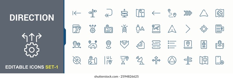 Direction linear icon. Included icons as navigation, car, direction, bus, travel, satellite and more. UI icon set in a thin design. Minimalist editable vector stroke.