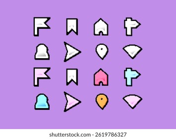 Conjunto de iconos de dirección y ubicación Colorido, moderno y retro de moda Pixel Gradient Art Decoración Elementos Ilustración vectorial para el juego o cualquier Plantilla