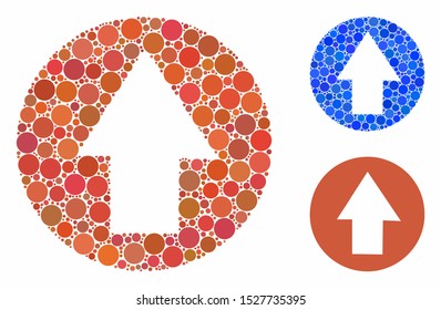 Up direction mosaic of small circles in various sizes and color tones, based on up direction icon. Vector random circles are grouped into blue mosaic.