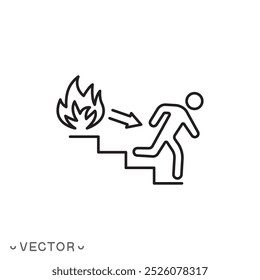 direção do movimento em caso de incêndio, ícone de saída de incêndio, escadas de evacuação, seta para baixo, símbolo de linha fina isolado no fundo branco, traço editável eps 10 ilustração vetorial