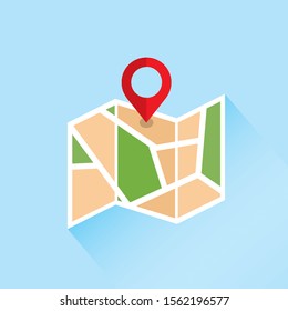 Direction of movement on the map, pointer icon, flat map with shadow, vector illustration