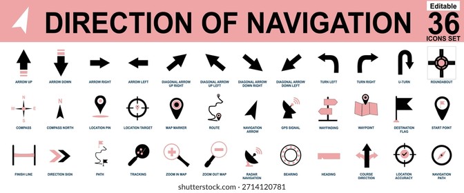 Dirección de la navegación 36 Conjunto de iconos de Vector con flechas, pines de Locación, marcadores de mapa, brújula, símbolos GPS para Web, interfaz de usuario del App, infografía, orientación y diseño de viajes
