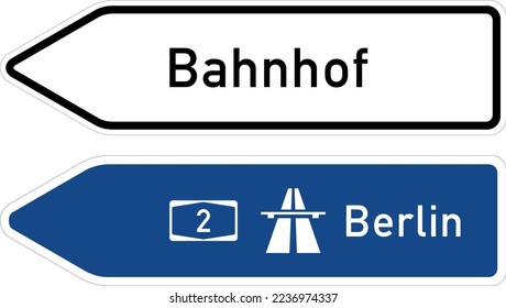 Über diese Autobahn Richtung Autobahneingang und nächster Stadt.  Ein weißes Schild zeigt die Richtung zu Orten in einer Stadt oder Stadt an. Bahnhof bedeutet Bahnhof.