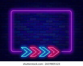 Direction neon flyer. Racing sport. Empty purple frame with colorful arrow track. Vector stock illustration