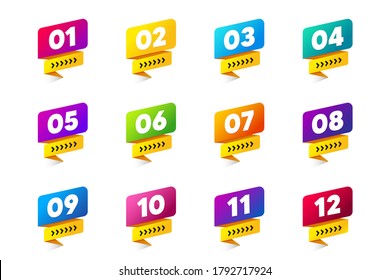 Liste der Postanzeilenpunkte. Von einem bis zu zwölf Infografik-Kugeln. Farbige Etikettenbänder, Vektorset. Steppt Pfeilflags. Infografik-Zeiger-Tags im Grafikstil. Liste der Vektorknöpfe.