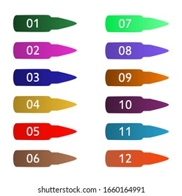 Direction number bullet points from one to twelve. Stock vector illustration on isolated white background.
