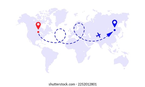 The direction from the point to the destination on the background of the world map. The plane flies and leaves a blue dotted line trail. Vector illustration
