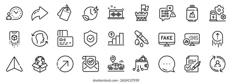Direction, Report statistics and Charging station line icons pack. Share, Message, Paper plane icons. Card, User info, Face id web icon. Vector