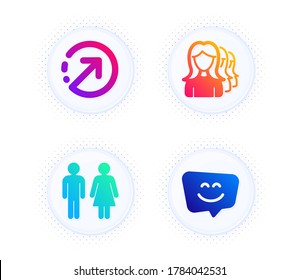 Direction, Restroom and Women headhunting icons simple set. Button with halftone dots. Smile face sign. Navigation pointer, Wc toilet, Women teamwork. Chat. Business set. Vector
