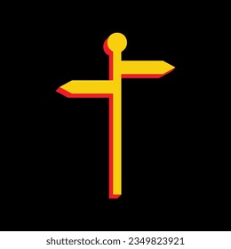 Direction road sign. 3D Extruded Yellow Icon with Red Sides a Black background. Illustration.