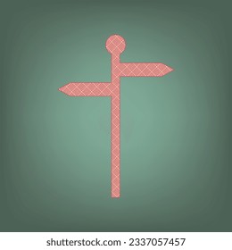 Direction road sign. Apricot Icon with Brick Red parquet floor graphic pattern on a Ebony background. Feldgrau. Green. Illustration.