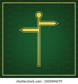 Direction road sign. Golden icon with gold contour at dark green gridded white background. Illustration.