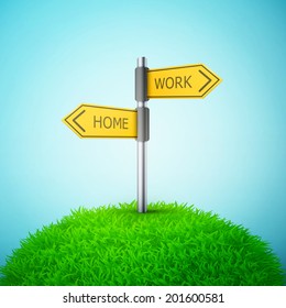 direction road sign with home and work words on the grass eps10 vector illustration