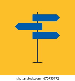 Direction road sign on blue background in flat style