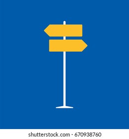 Direction road sign on blue background in flat style