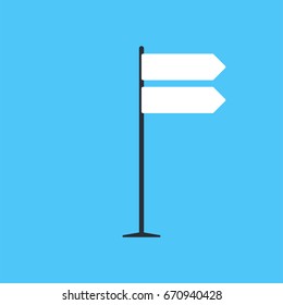 Direction road sign on blue background in flat style