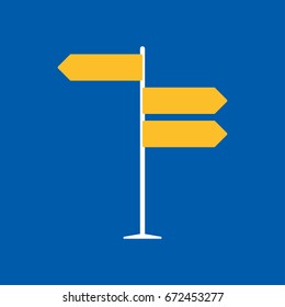 Direction road sign on blue background in flat style