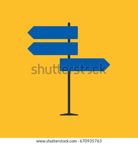 Direction road sign on blue background in flat style