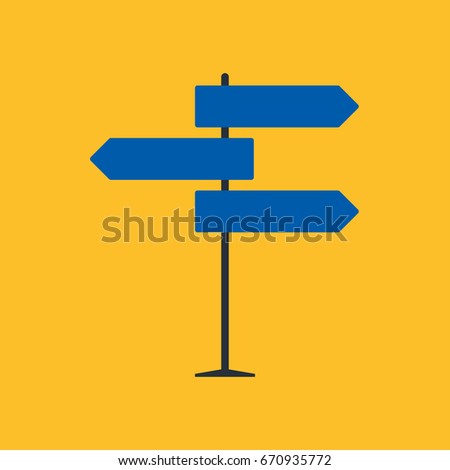 Direction road sign on blue background in flat style