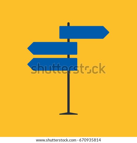 Direction road sign on blue background in flat style