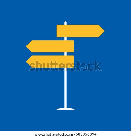 Direction road sign on blue background in flat style