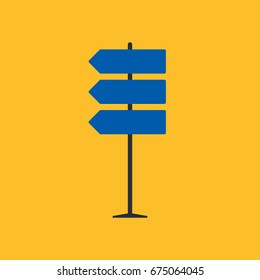 Direction road sign on yellow background in flat style