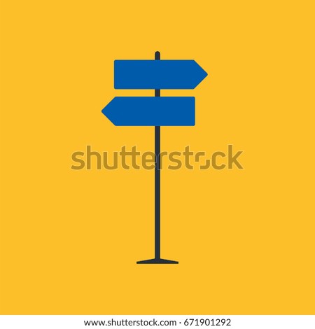 Direction road sign on yellow background in flat style