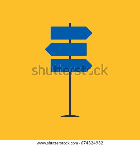 Direction road sign on yellow background in flat style