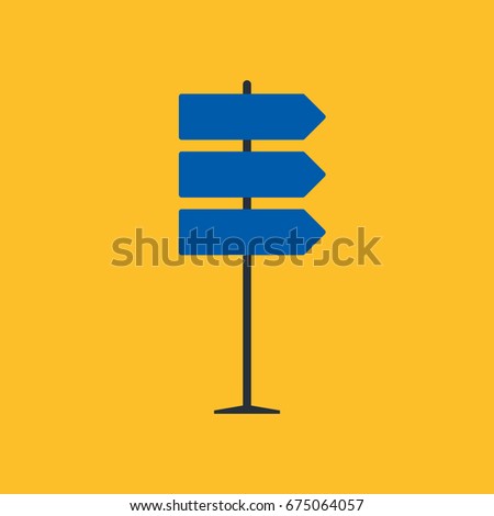 Direction road sign on yellow background in flat style