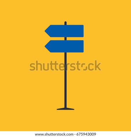 Direction road sign on yellow background in flat style