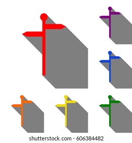 Direction road sign. Set of red, orange, yellow, green, blue and violet icons at white background with flat shadow.