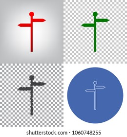 Direction road sign. Vector. 4 styles. Red gradient in radial lighted background, green flat and gray scribble icons on transparent and linear one in blue circle.