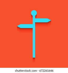 Direction road sign. Vector. Blue icon with soft shadow putted down on flamingo background.