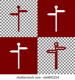Direction road sign. Vector. Bordo and white icons and line icons on chess board with transparent background.