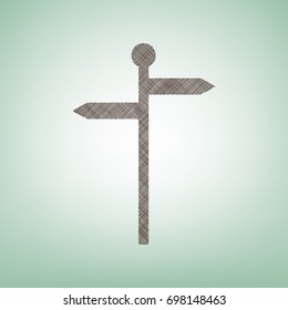 Direction road sign. Vector. Brown flax icon on green background with light spot at the center.