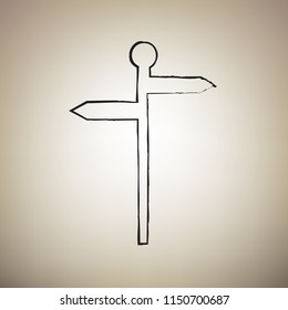 Direction road sign. Vector. Brush drawed black icon at light brown background.