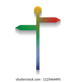 Direction road sign. Vector. Colorful icon with bright texture of mosaic with soft shadow on white background. Isolated.