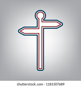 Direction road sign. Vector. Dark red, transparent and midnight green stroke of white icon at grayish background.
