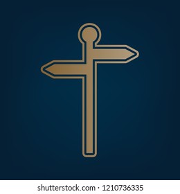 Direction road sign. Vector. Golden icon and border at dark cyan background.
