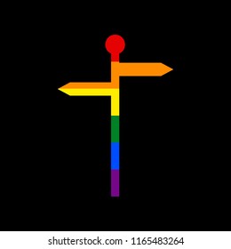 Direction road sign. Vector. Icon with colors of LGBT flag at black background.