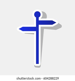 Direction road sign. Vector. New year bluish icon with outside stroke and gray shadow on light gray background.