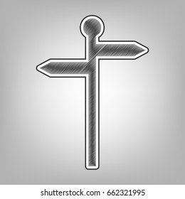 Direction road sign. Vector. Pencil sketch imitation. Dark gray scribble icon with dark gray outer contour at gray background.