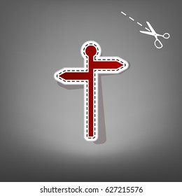 Direction road sign. Vector. Red icon with for applique from paper with shadow on gray background with scissors.